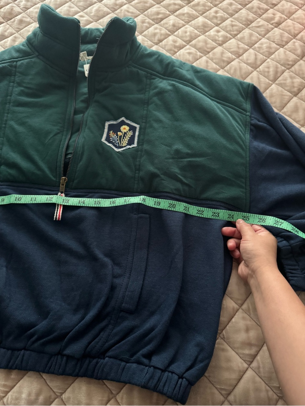 Pilcro Green and Navy Half-Zip Pullover Sweatshirt with Embroidered Patch, Large - Picture 3 of 10